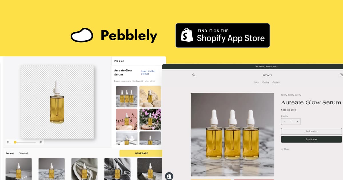 A graphic showing logos of Pebblely and Shopify /n How to Generate AI Product Images for Your Shopify Store